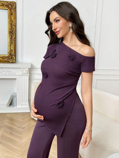 Purple Floral Two-Piece Maternity Set - Elegant Asymmetrical Single Shoulder Top and Slim Fit Pants - Romantic Summer Holiday Outfit for Pregnant Women