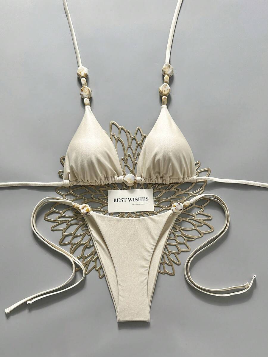Swim Vcay Women's Summer Beach Contrast Color Halter Tie Sexy Bikini And Triangle Panty Swimwear Set Blue Bikini Yacht Party Outfit Vacation Bikini Boat Party Outfit Women Tie Side Bikini Triangle Bikini Set Light Blue Bikini