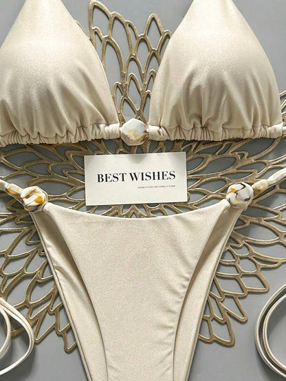 Swim Vcay Women's Summer Beach Contrast Color Halter Tie Sexy Bikini And Triangle Panty Swimwear Set Blue Bikini Yacht Party Outfit Vacation Bikini Boat Party Outfit Women Tie Side Bikini Triangle Bikini Set Light Blue Bikini