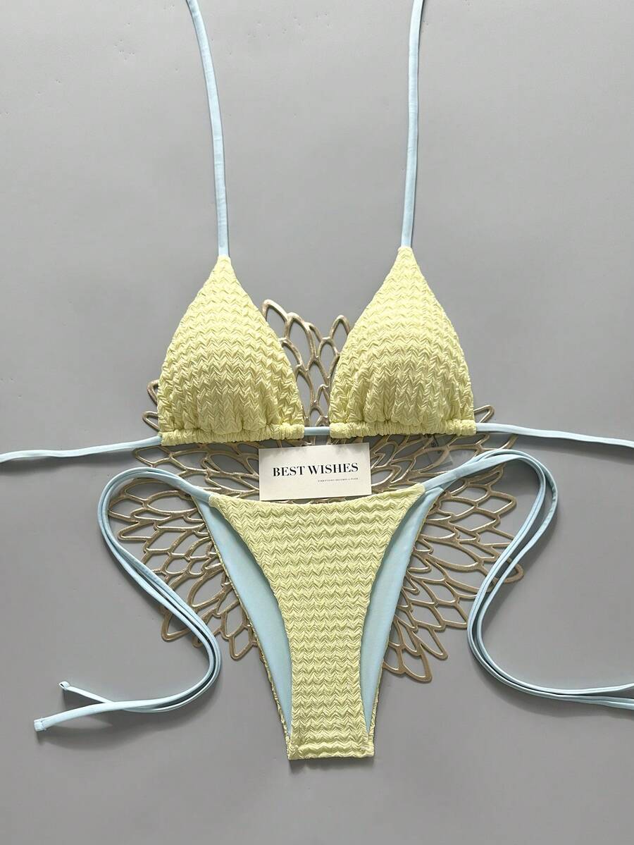 Swim Vcay Women's Summer Beach Contrast Color Halter Tie Sexy Bikini And Triangle Panty Swimwear Set Blue Bikini Yacht Party Outfit Vacation Bikini Boat Party Outfit Women Tie Side Bikini Triangle Bikini Set Light Blue Bikini