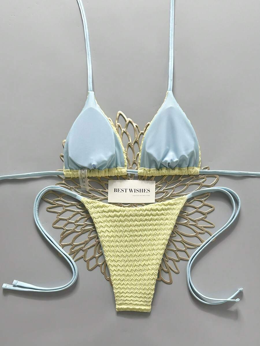 Swim Vcay Women's Summer Beach Contrast Color Halter Tie Sexy Bikini And Triangle Panty Swimwear Set Blue Bikini Yacht Party Outfit Vacation Bikini Boat Party Outfit Women Tie Side Bikini Triangle Bikini Set Light Blue Bikini