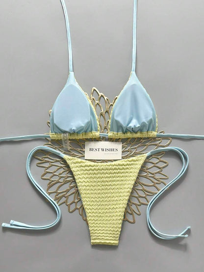 Swim Vcay Women's Summer Beach Contrast Color Halter Tie Sexy Bikini And Triangle Panty Swimwear Set Blue Bikini Yacht Party Outfit Vacation Bikini Boat Party Outfit Women Tie Side Bikini Triangle Bikini Set Light Blue Bikini
