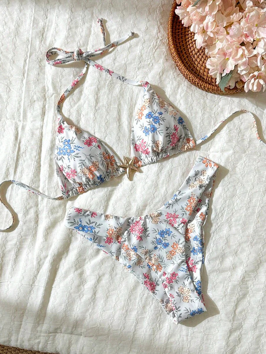 Swim Vcay Women's Solid Color Spaghetti Strap Metal Decor Sexy Bikini Set, Summer