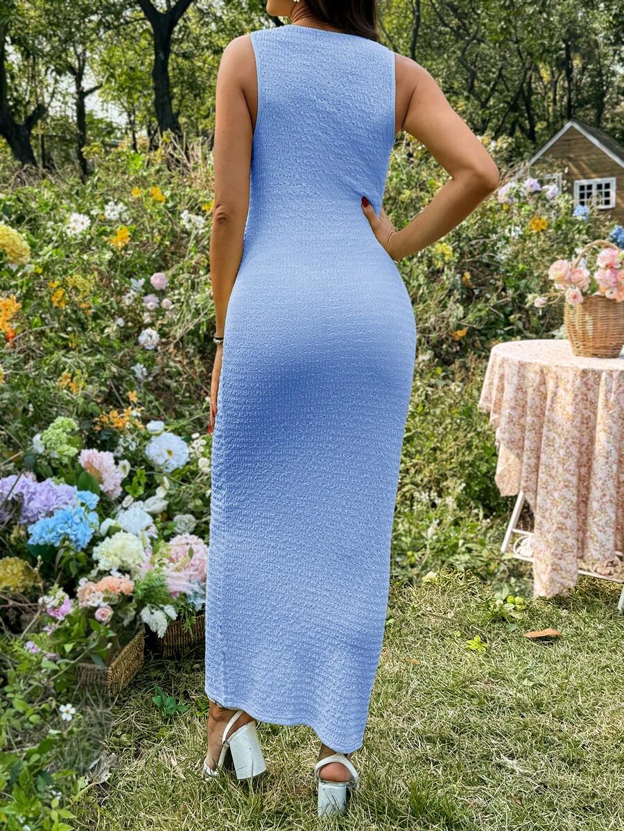 Maternity Minimalist Yellow Round Neck Sleeveless Slim Fit Knit Maxi Dress for Baby Shower and Night Out
