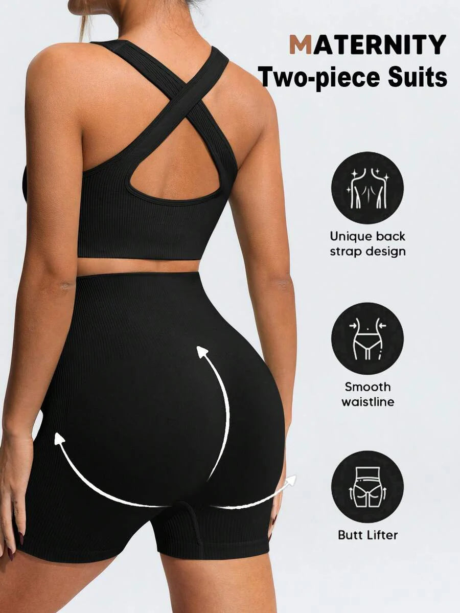 Maternity Sports Set - Cross-Back Bra & High Waist Shorts, Textured, Slim Fit, Green