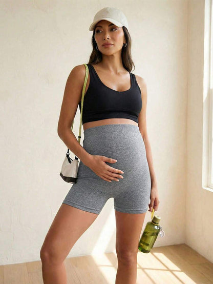 Baby Blue Ultra High Waist Maternity Sports Shorts - Animal Pattern High Stretch Skinny Fit Mini Shorts - Comfortable Double Waist Athletic Wear