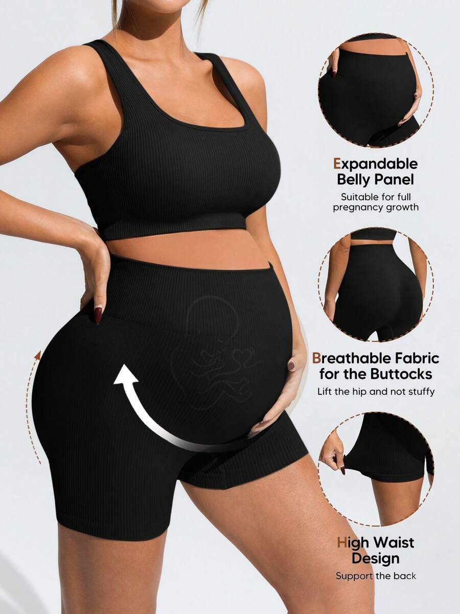 Maternity Sports Set - Cross-Back Bra & High Waist Shorts, Textured, Slim Fit, Green