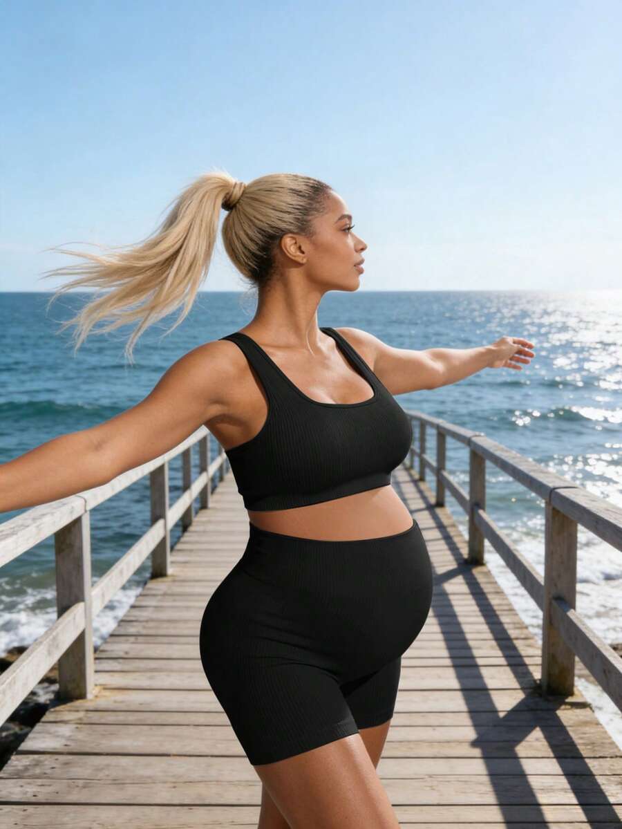 Maternity Sports Set - Cross-Back Bra & High Waist Shorts, Textured, Slim Fit, Green