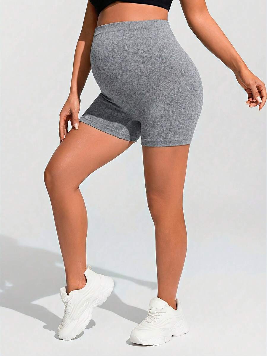 Baby Blue Ultra High Waist Maternity Sports Shorts - Animal Pattern High Stretch Skinny Fit Mini Shorts - Comfortable Double Waist Athletic Wear