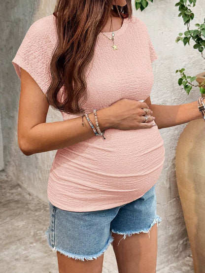 White Tropical Print Batwing Sleeve Slim Fit Knit Top - Casual Round Neck Cap Sleeve Summer Vacation Shirt for Women