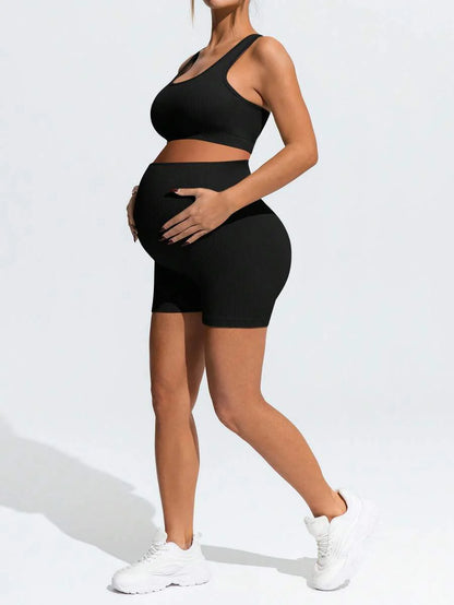 Maternity Sports Set - Cross-Back Bra & High Waist Shorts, Textured, Slim Fit, Green