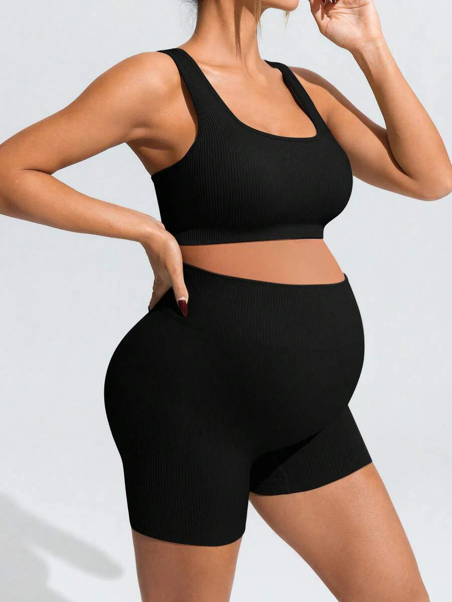 Maternity Sports Set - Cross-Back Bra & High Waist Shorts, Textured, Slim Fit, Green