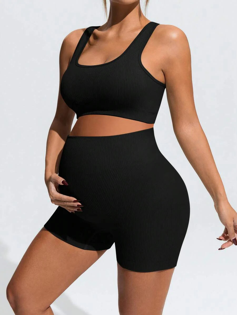 Maternity Sports Set - Cross-Back Bra & High Waist Shorts, Textured, Slim Fit, Green