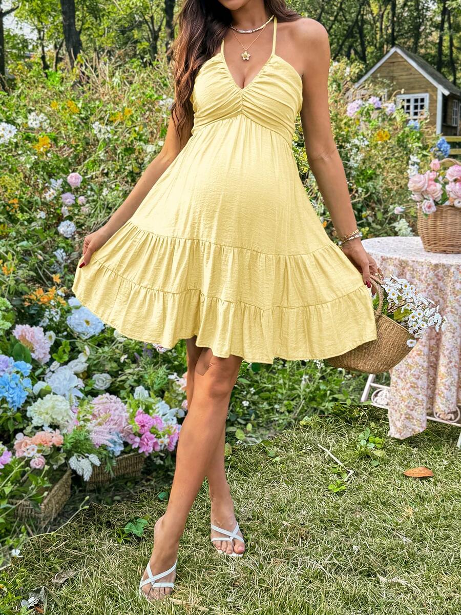Maternity Vacation Solid Color Ruffle Hem Halter Neck Dress Green Maternity Dress Baby Shower Maternity Sundress Green Sundress Green Summer Dress Green Vacation Dress
