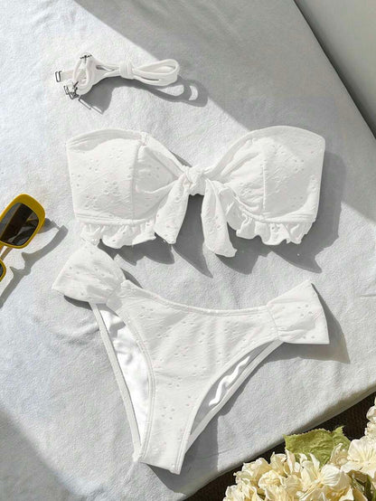 Swim Vcay Spring/Summer Solid Color Strap Jacquard Fabric Wireless Bow Decor Cute Beach Vacation Swimwear Set