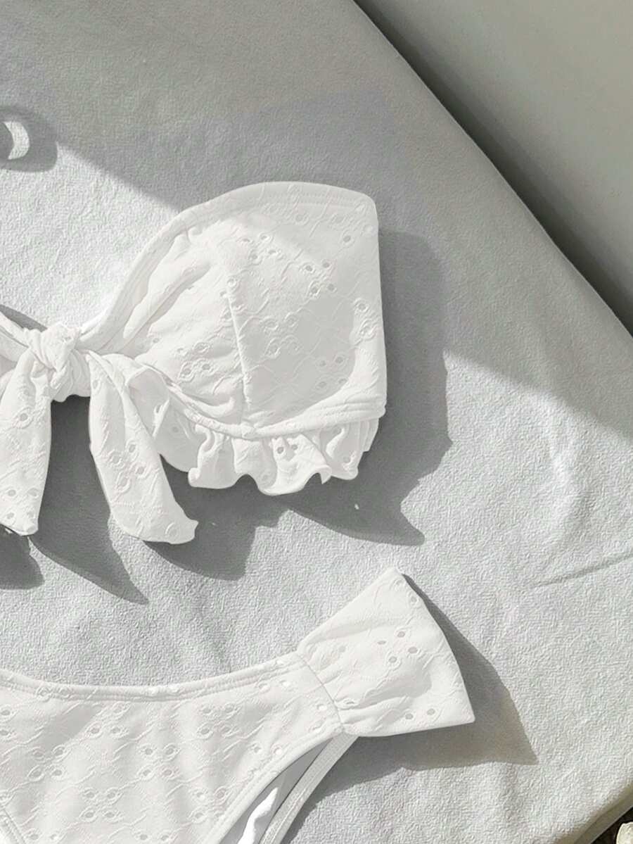 Swim Vcay Spring/Summer Solid Color Strap Jacquard Fabric Wireless Bow Decor Cute Beach Vacation Swimwear Set