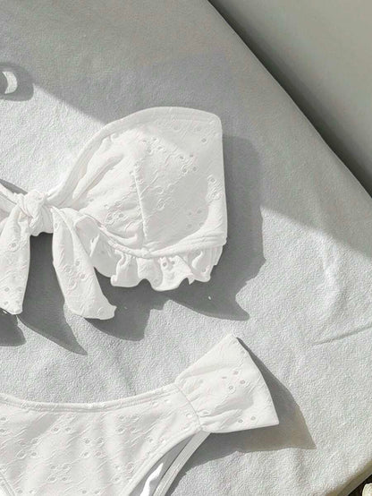 Swim Vcay Spring/Summer Solid Color Strap Jacquard Fabric Wireless Bow Decor Cute Beach Vacation Swimwear Set