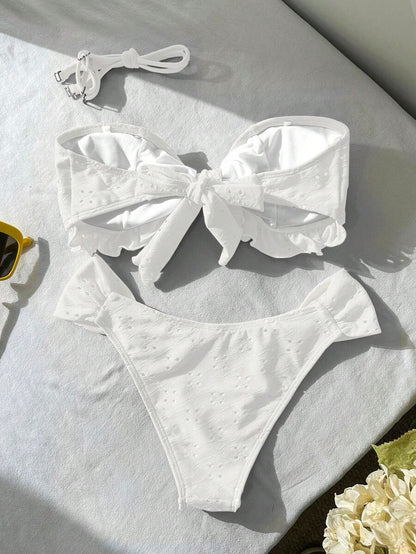 Swim Vcay Spring/Summer Solid Color Strap Jacquard Fabric Wireless Bow Decor Cute Beach Vacation Swimwear Set