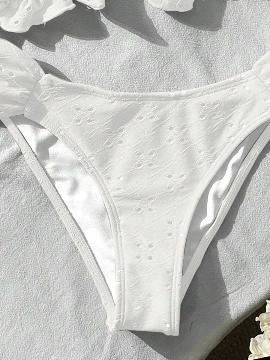 Swim Vcay Spring/Summer Solid Color Strap Jacquard Fabric Wireless Bow Decor Cute Beach Vacation Swimwear Set