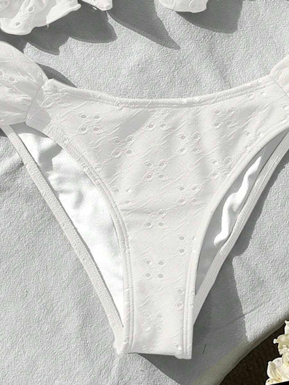 Swim Vcay Spring/Summer Solid Color Strap Jacquard Fabric Wireless Bow Decor Cute Beach Vacation Swimwear Set