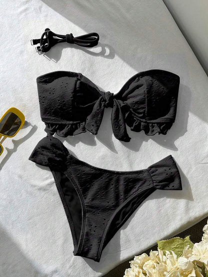 Swim Vcay Spring/Summer Solid Color Strap Jacquard Fabric Wireless Bow Decor Cute Beach Vacation Swimwear Set