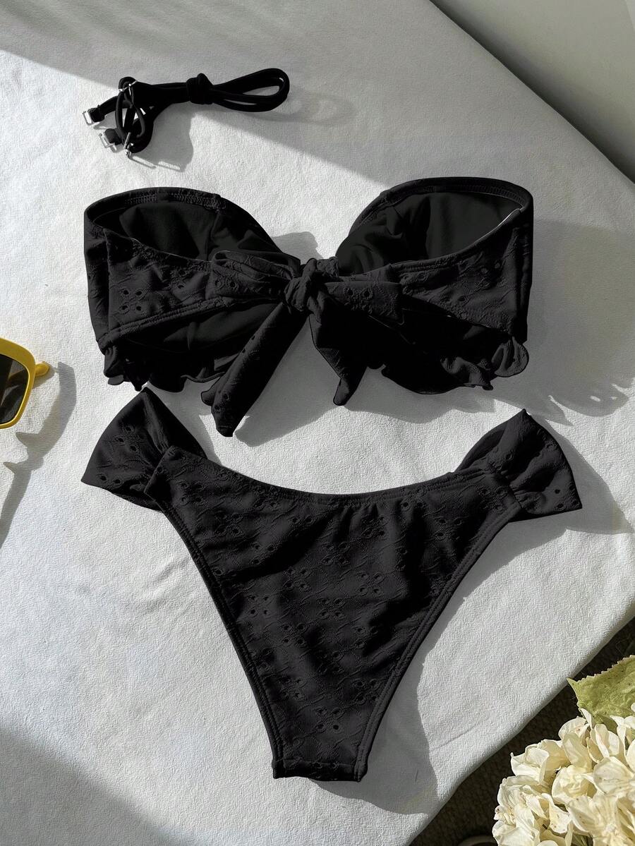 Swim Vcay Spring/Summer Solid Color Strap Jacquard Fabric Wireless Bow Decor Cute Beach Vacation Swimwear Set