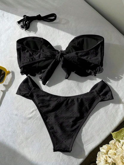 Swim Vcay Spring/Summer Solid Color Strap Jacquard Fabric Wireless Bow Decor Cute Beach Vacation Swimwear Set