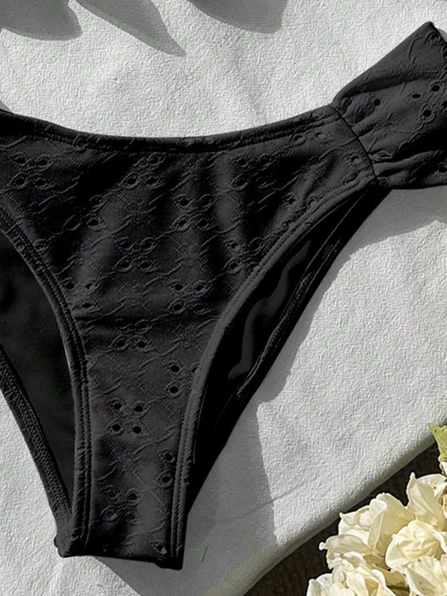 Swim Vcay Spring/Summer Solid Color Strap Jacquard Fabric Wireless Bow Decor Cute Beach Vacation Swimwear Set