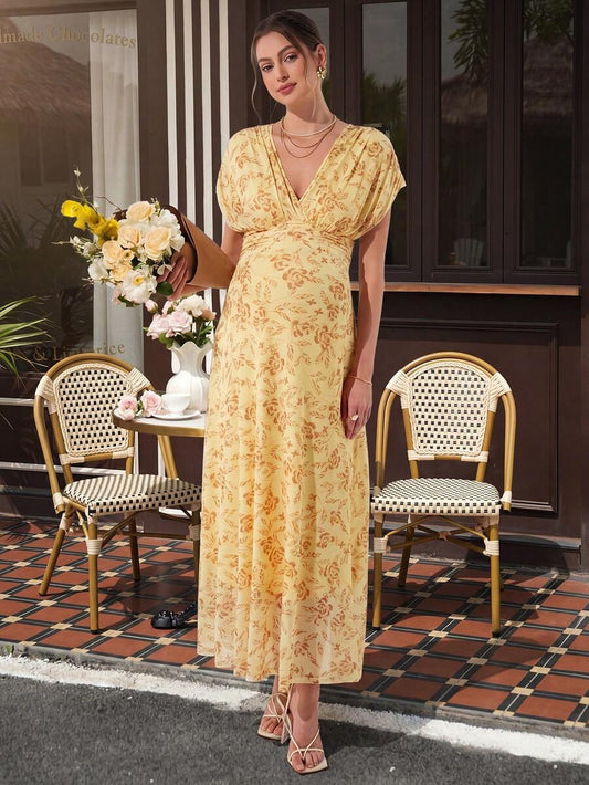 Maternity Floral Nursing Maxi Dress - V Neck, Batwing Cap Sleeve, Knot, A-Line, Apricot