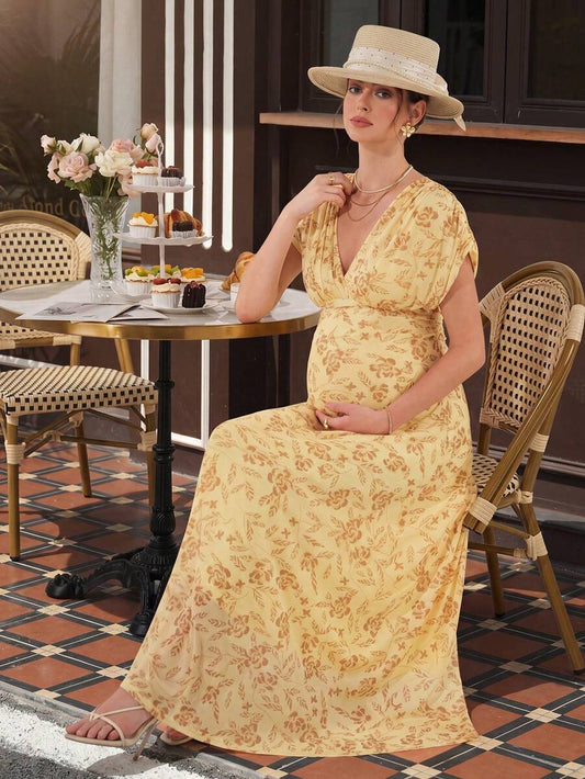 Maternity Floral Nursing Maxi Dress - V Neck, Batwing Cap Sleeve, Knot, A-Line, Apricot
