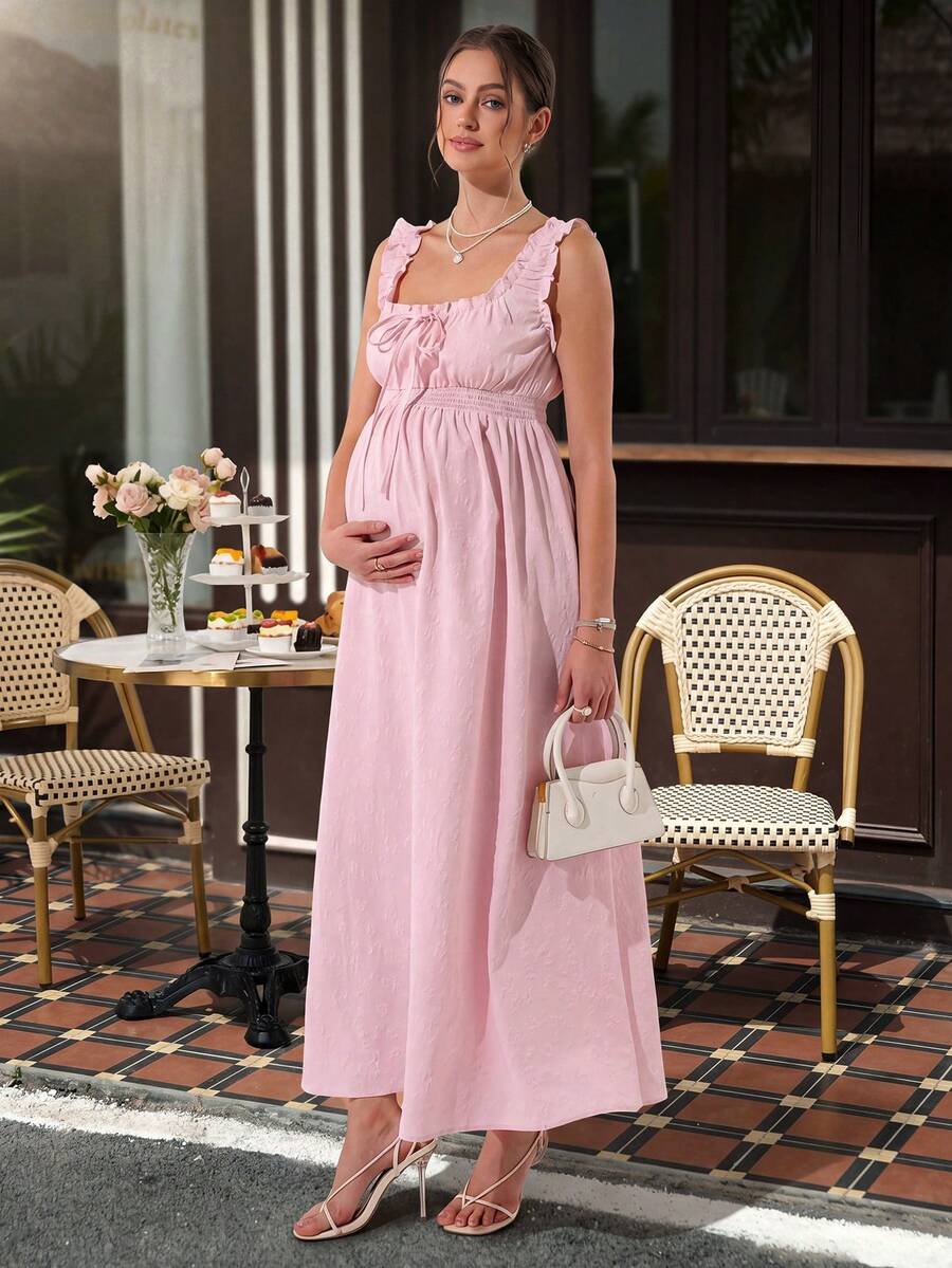 Maternity A-Line Long Dress - Square Neck, Cold Shoulder, Strap Bow, Ruched Waist, Pink