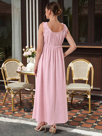 Maternity A-Line Long Dress - Square Neck, Cold Shoulder, Strap Bow, Ruched Waist, Pink
