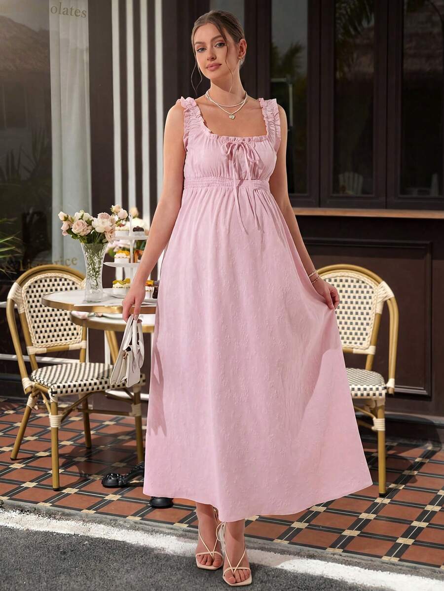 Maternity A-Line Long Dress - Square Neck, Cold Shoulder, Strap Bow, Ruched Waist, Pink