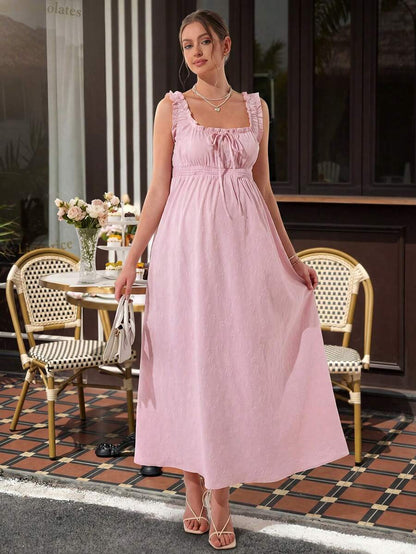 Maternity A-Line Long Dress - Square Neck, Cold Shoulder, Strap Bow, Ruched Waist, Pink