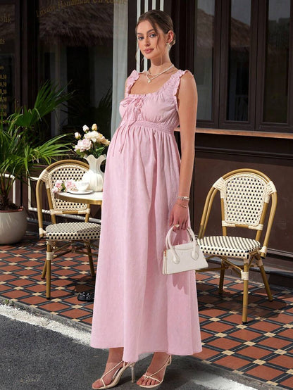 Maternity A-Line Long Dress - Square Neck, Cold Shoulder, Strap Bow, Ruched Waist, Pink