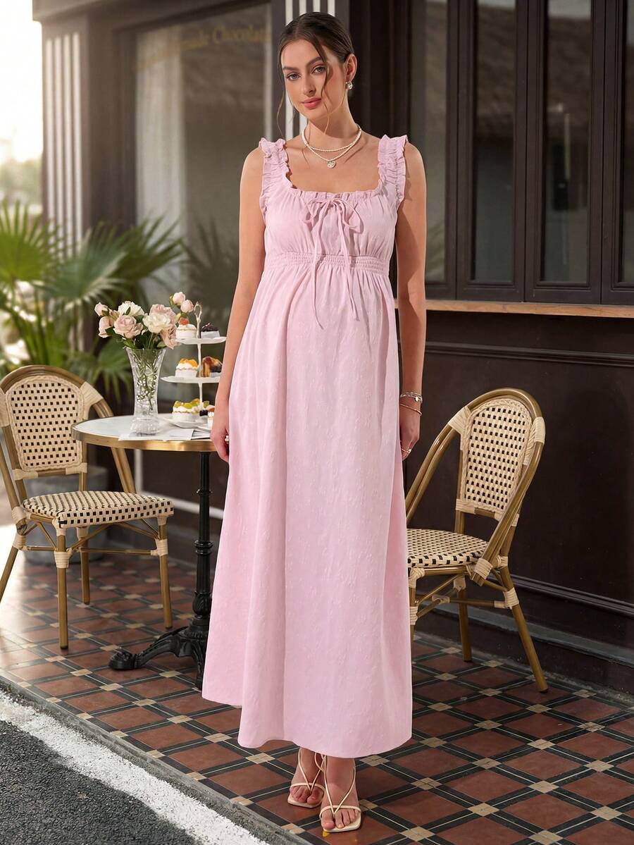Maternity A-Line Long Dress - Square Neck, Cold Shoulder, Strap Bow, Ruched Waist, Pink