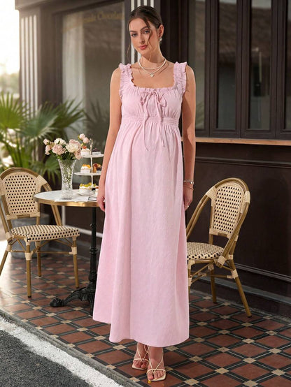Maternity A-Line Long Dress - Square Neck, Cold Shoulder, Strap Bow, Ruched Waist, Pink