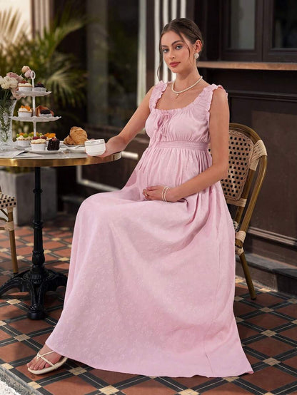 Maternity A-Line Long Dress - Square Neck, Cold Shoulder, Strap Bow, Ruched Waist, Pink