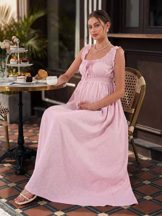 Maternity A-Line Long Dress - Square Neck, Cold Shoulder, Strap Bow, Ruched Waist, Pink