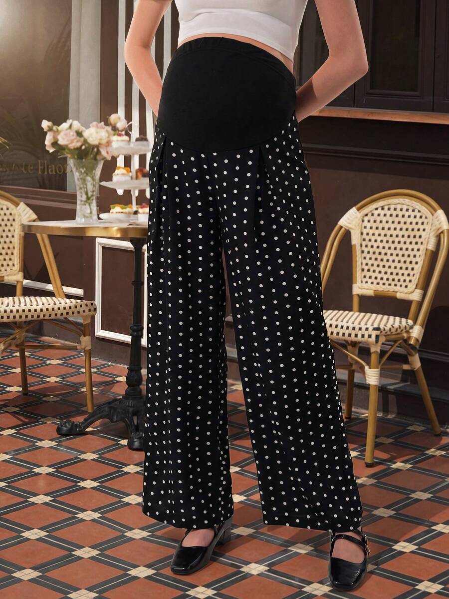 Maternity Polka Dot Straight Leg Pants - Belly Support, Button Detail, Natural Waist, Black