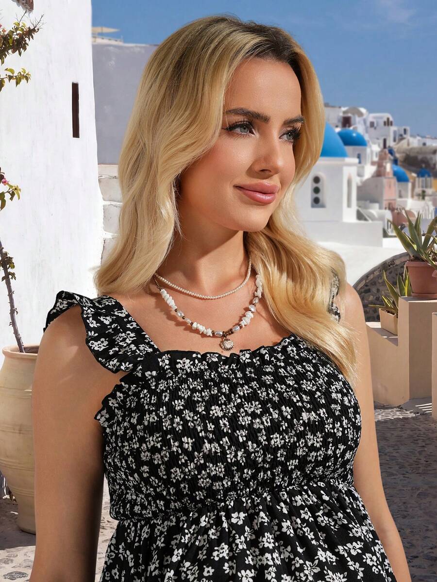 Black and White Ditsy Floral Maternity Summer Dress - Boho Backless High Waist A-Line Mini Dress - Slim Fit Bump Friendly Sleeveless Holiday Frock