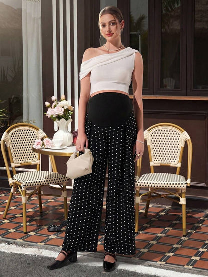 Maternity Polka Dot Straight Leg Pants - Belly Support, Button Detail, Natural Waist, Black