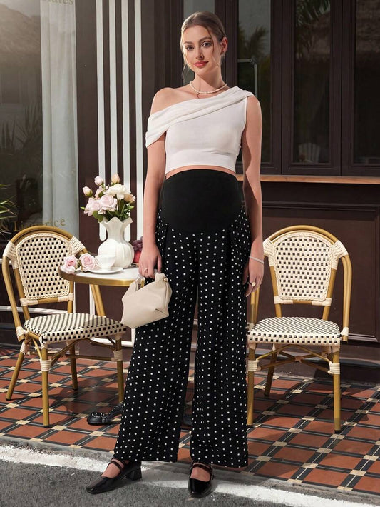 Maternity Polka Dot Straight Leg Pants - Belly Support, Button Detail, Natural Waist, Black