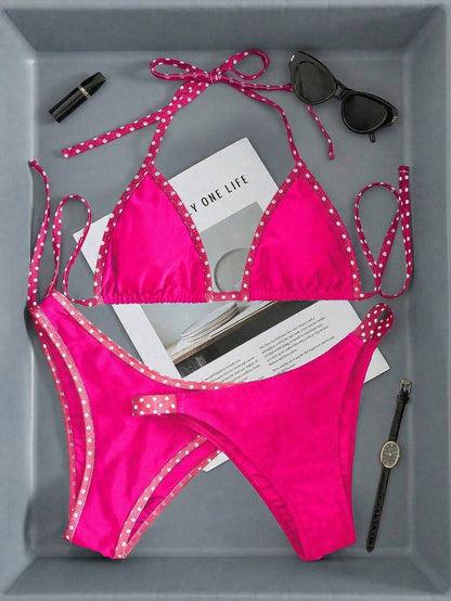 Swim Vcay Women's Swimwear Set, Fashionable Polka Dot Print Trim, Backless, Spaghetti Straps, Tie Waist, Triangle Swim Bottoms, Beach, Casual