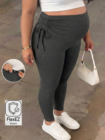 Plus Size Maternity Leggings - Drawstring Adjustable Waist, Belly Support, Slim Fit, Long, Dark Grey