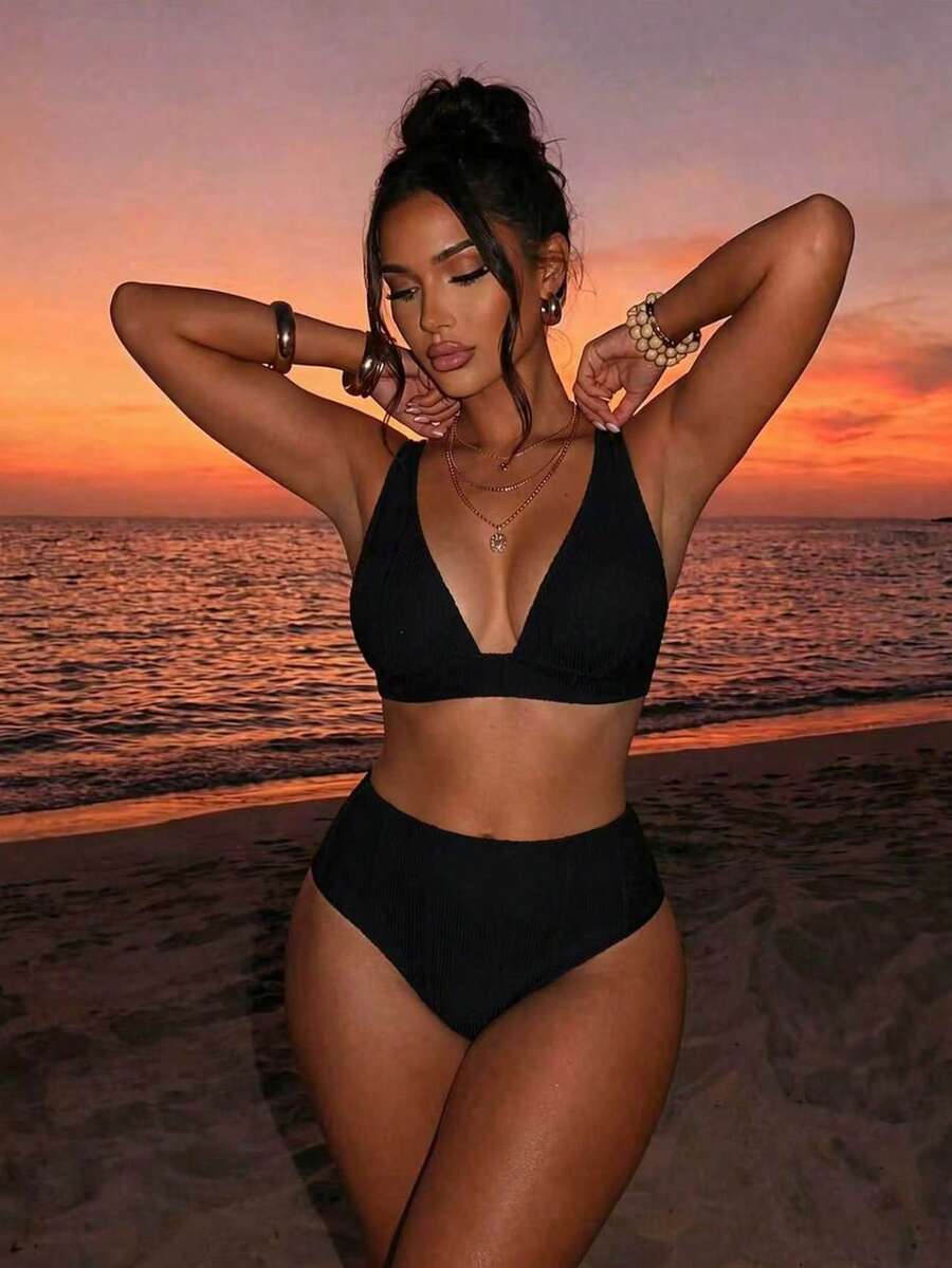 Swim Vcay Summer Beach Textured High Waisted Bikini Set, Bathing Suit