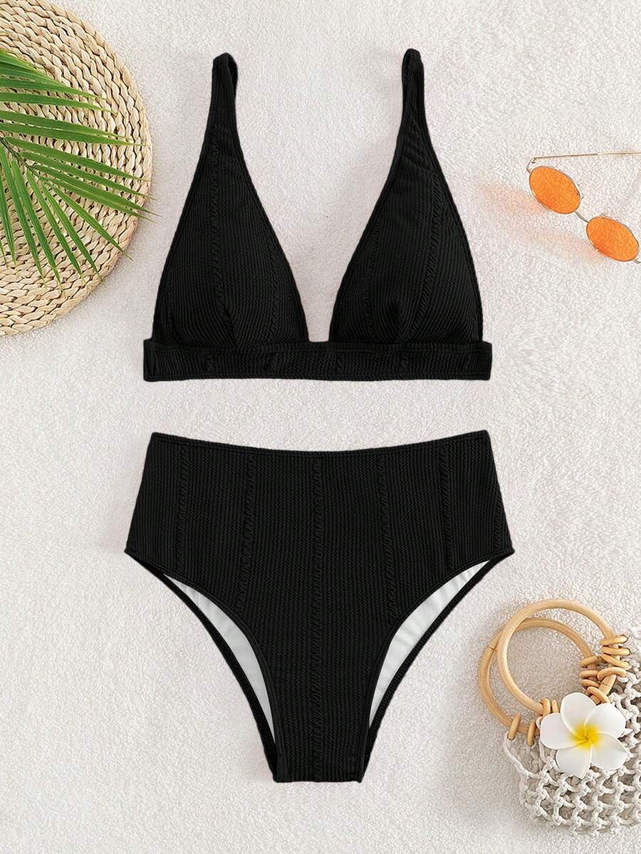 Swim Vcay Summer Beach Textured High Waisted Bikini Set, Bathing Suit