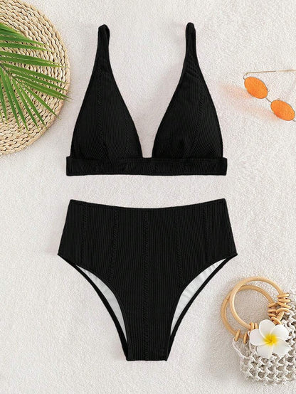 Swim Vcay Summer Beach Textured High Waisted Bikini Set, Bathing Suit