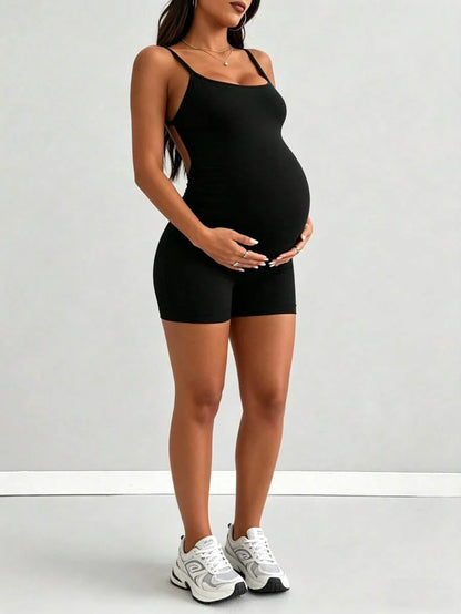 Maternity Black Spaghetti Strap Unitard Jumpsuit - Backless Skinny Fit Short Summer Romper for Casual Daily Wear and Beach Outings
