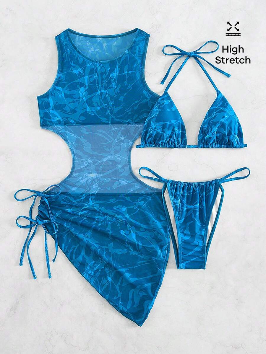Women's 3-Piece Tie-Dye Bikini Set - Halter, Cover-Up Dress, Thongs, Green
